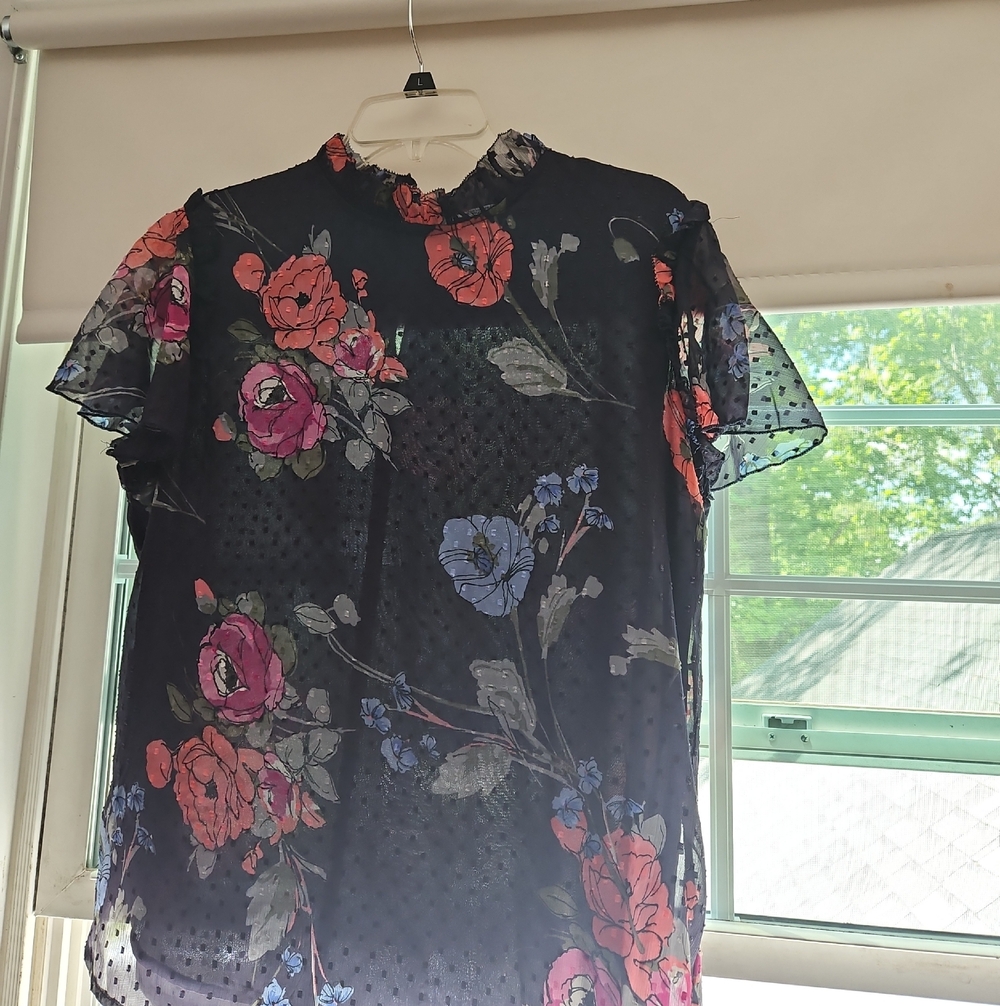 new directions Black Mesh Floral Blouse with Pink & Coral Flowers